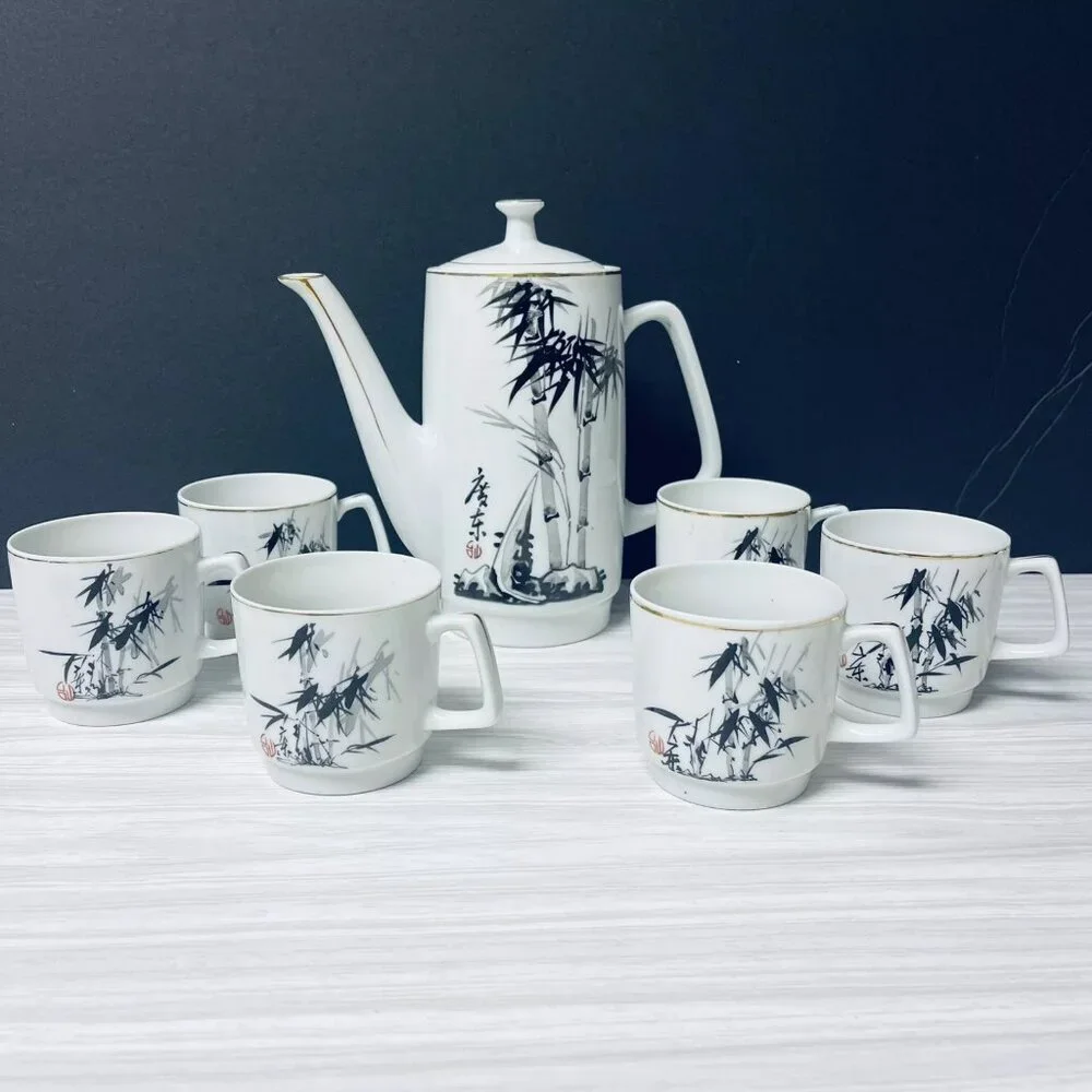 Vintage Japanese Saki Tea Pot Porcelain 6 Cups Set Gold Trim Bamboo